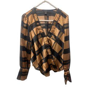 Halogen Womens XS Brown & Black Plaid Blouse With V-Neckline & Long Sleeves